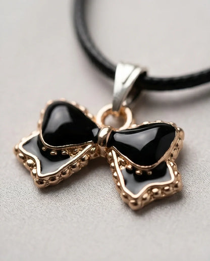 Gold and Black Ribbon Bow Necklace