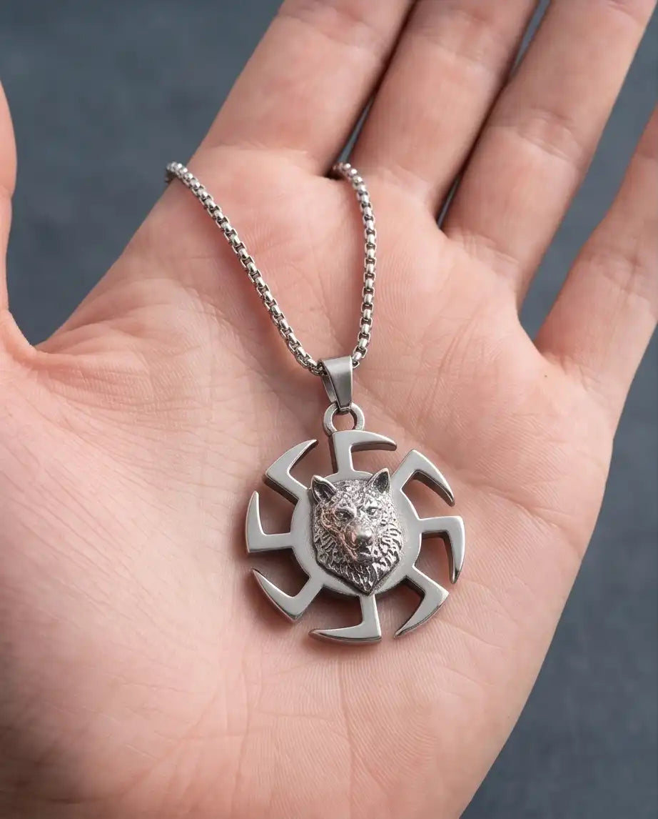 Black Sun Wolf Medallion Pendant Box Chain
