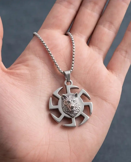 Black Sun Wolf Medallion Pendant Box Chain