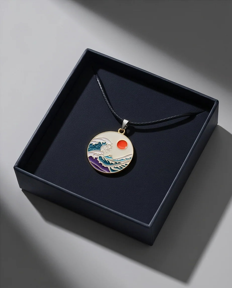 Great Wave & Sun Medallion Pendant Necklace