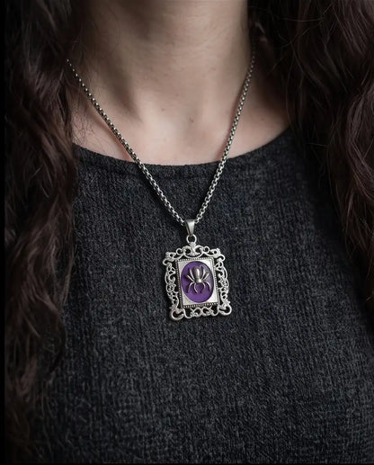 Gothic Purple Enamel Spider Filigree Pendant Box Chain