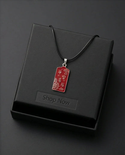 Traditional Red Rectangular "Ping An Xi Le" Blessings Pendant Necklace