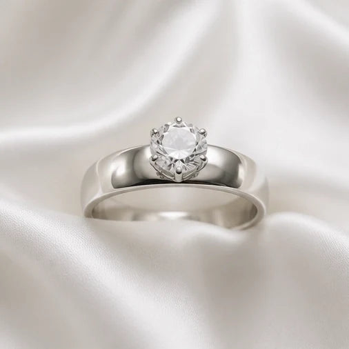 Silver Round Gemstone Classic Solitaire Ring