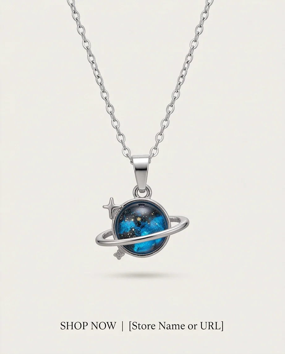 Silver Cosmic Saturn Galaxy Ring Pendant Necklace