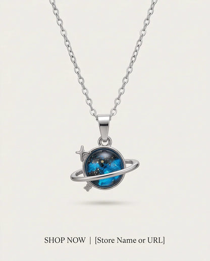 Silver Cosmic Saturn Galaxy Ring Pendant Necklace