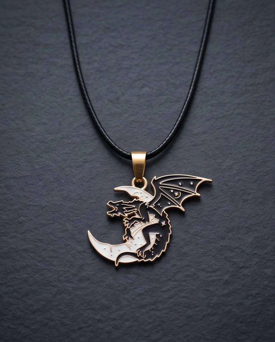 Gold Celestial Dragon White Crescent Moon Enamel Pendant Necklace