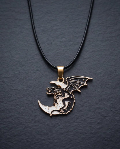 Gold Celestial Dragon White Crescent Moon Enamel Pendant Necklace