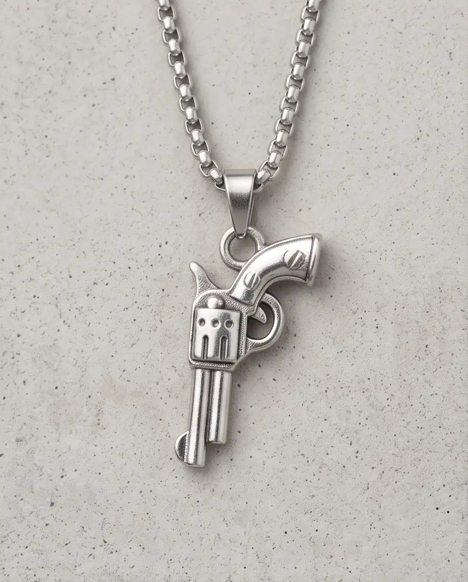 Vintage Revolver Handgun Weapon Pendant Box Chain