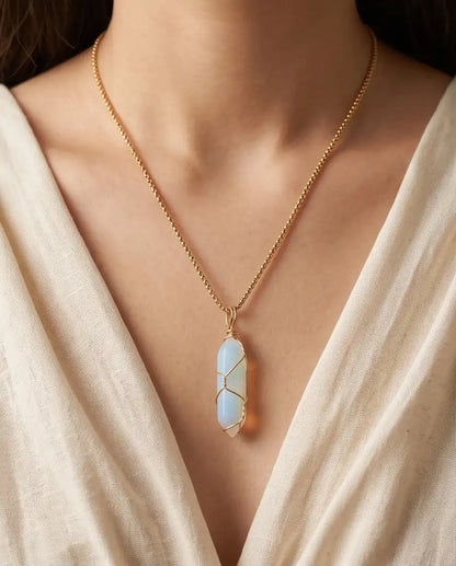 Wire-Wrapped Synthetic Opal Crystal Point Pendant Box Chain