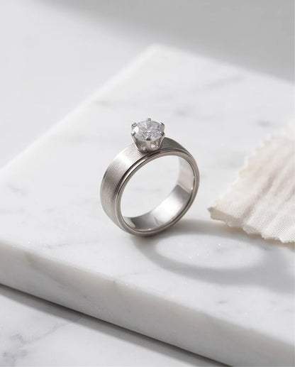 Silver Round Gemstone Brushed Solitaire Ring
