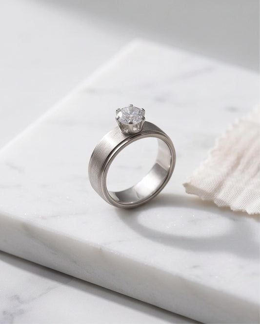 Silver Round Gemstone Brushed Solitaire Ring