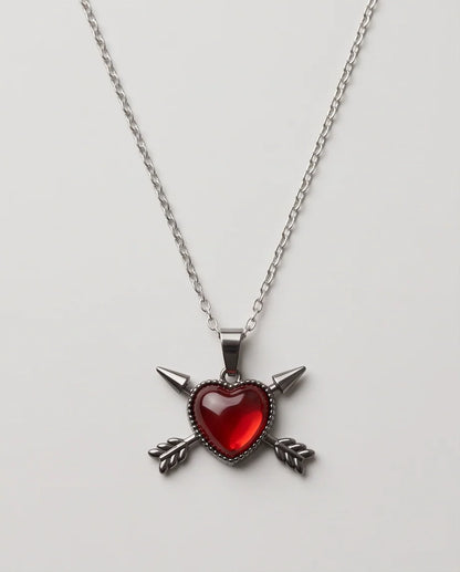 Silver Crossed Arrows Red Heart Gem Pendant Necklace
