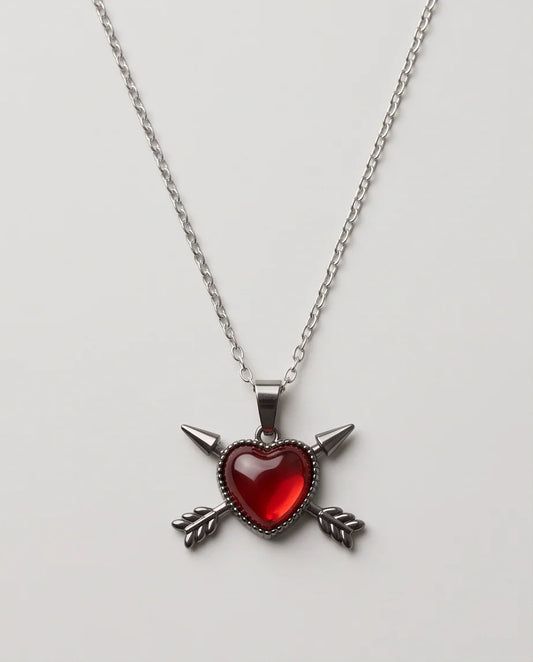 Silver Crossed Arrows Red Heart Gem Pendant Necklace