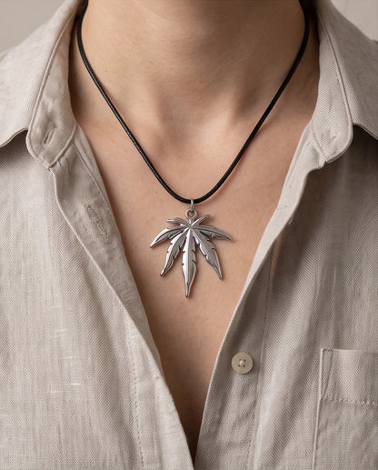 Silver Leaf Pendant Cord Necklace