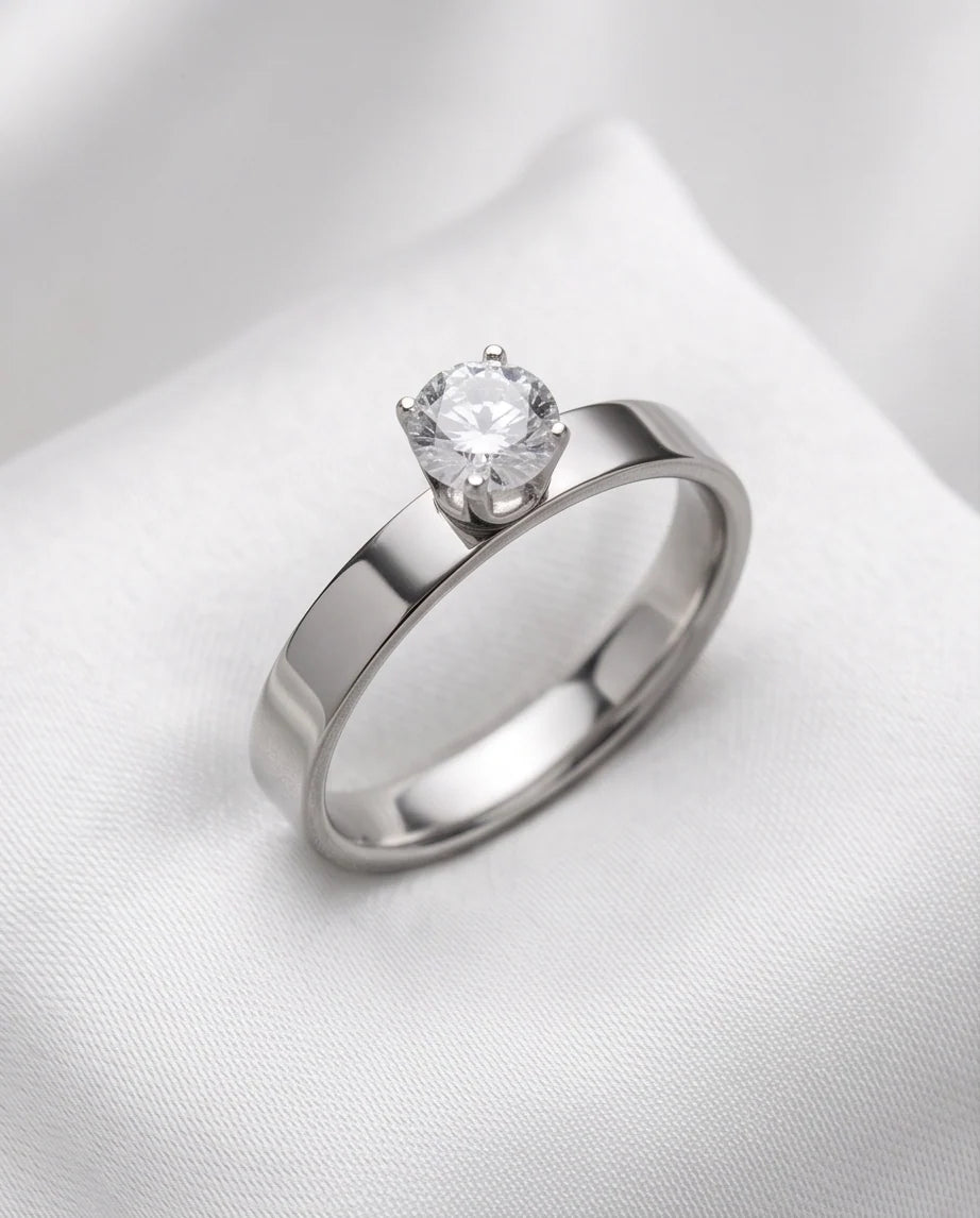 Silver Round Gemstone Crown Band Solitaire Ring