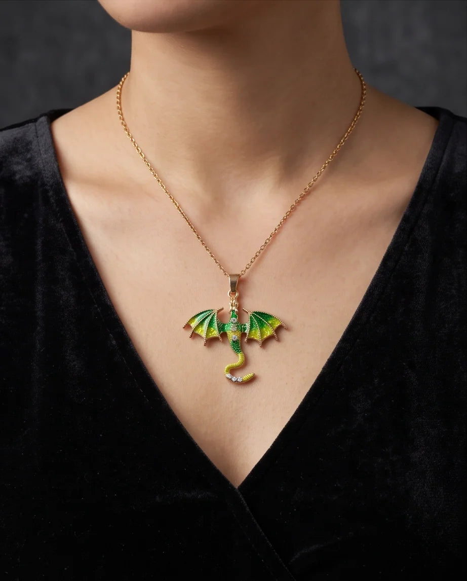 Gold Green Enamel Dragon Wyvern Pendant Necklace