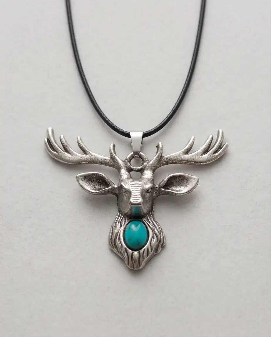 Turquoise Stone Stag Head Pendant Box Chain