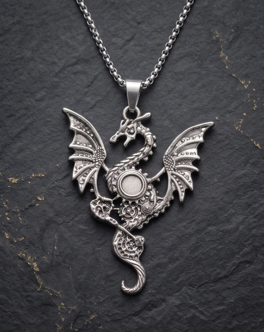 Silver Steampunk Dragon Gear Pendant Necklace