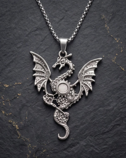 Silver Steampunk Dragon Gear Pendant Necklace
