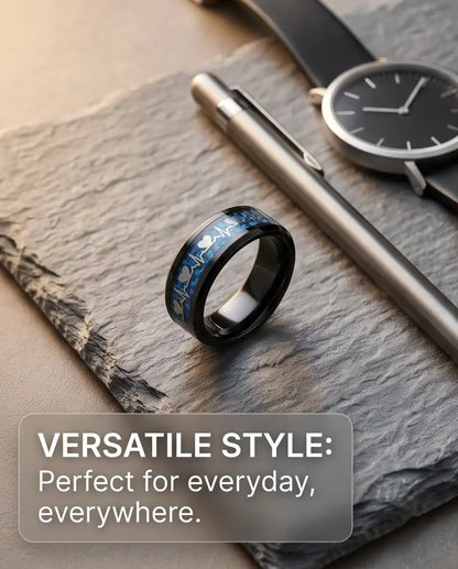 Black and Blue Carbon Fiber Heartbeat EKG Ring