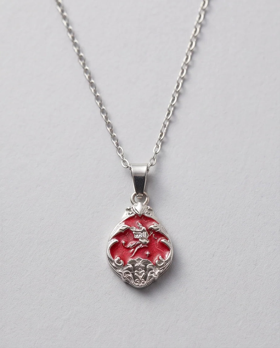 Silver Vintage Cherub Red Enamel Teardrop Pendant Necklace