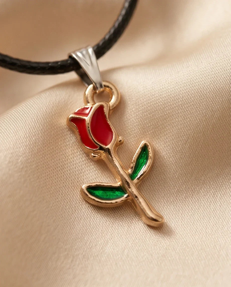 Gold and Red Rose Pendant Necklace