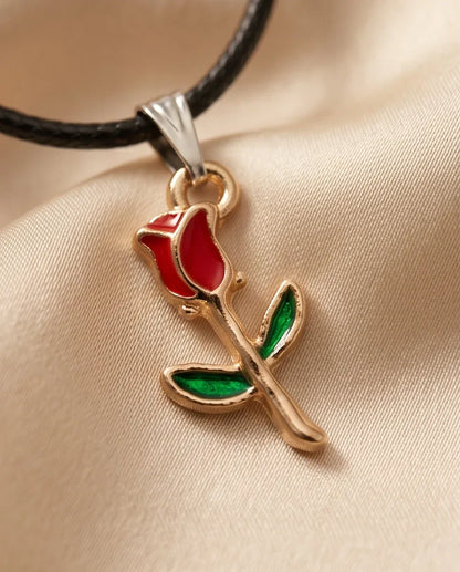 Gold and Red Rose Pendant Necklace