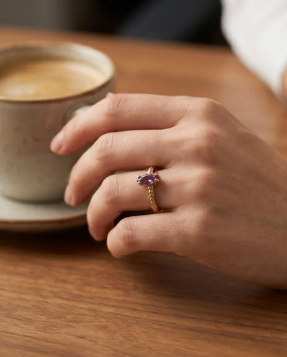 "Amethyst Aura" – Marquise Cut Gold Ring