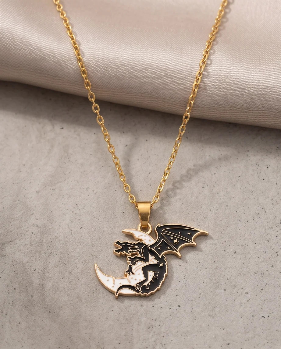 Gold Celestial Dragon White Crescent Moon Enamel Pendant Necklace