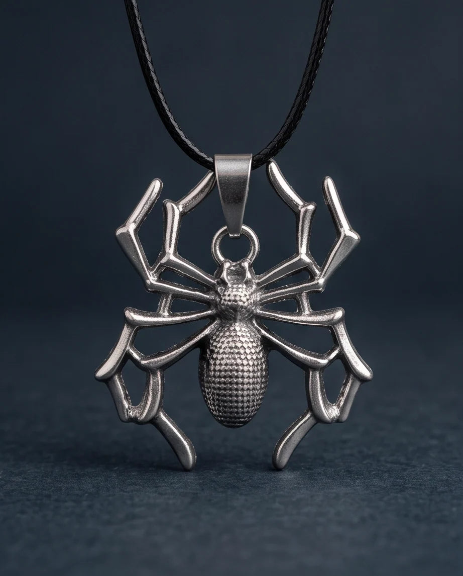 Silver Textured Spider Pendant Necklace