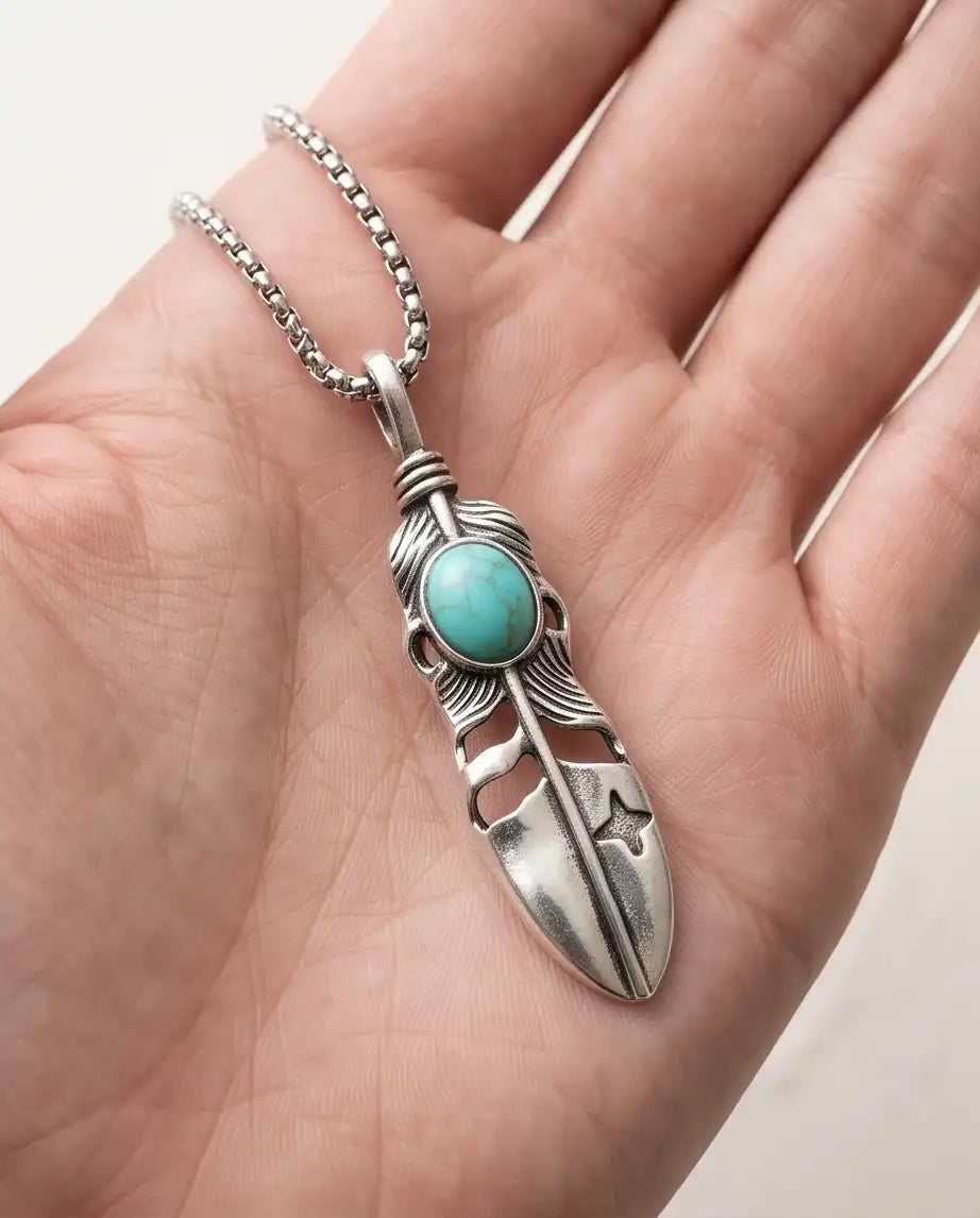Turquoise Stone Feather Pendant Box Chain