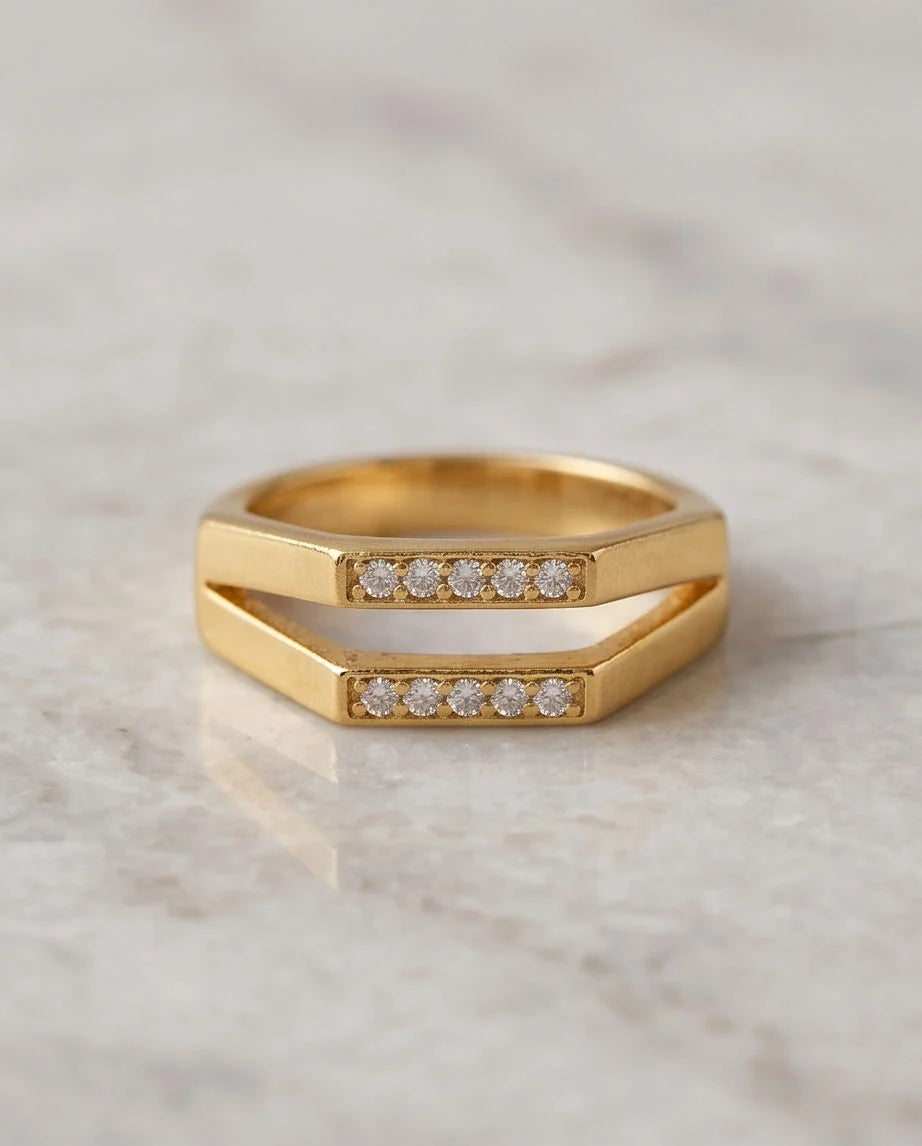 Gold Dual Geometric Bar Micro-Pavé Ring