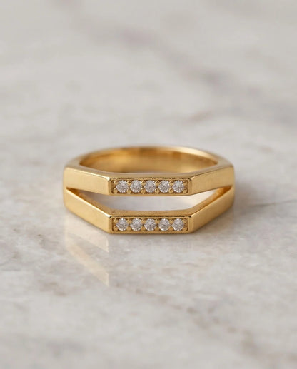 Gold Dual Geometric Bar Micro-Pavé Ring