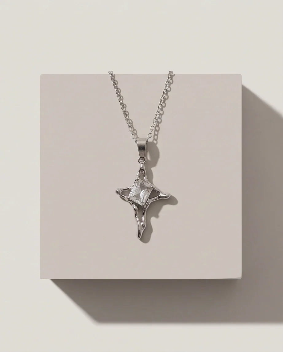 Silver Clear Gemstone Gothic Cross Pendant Necklace