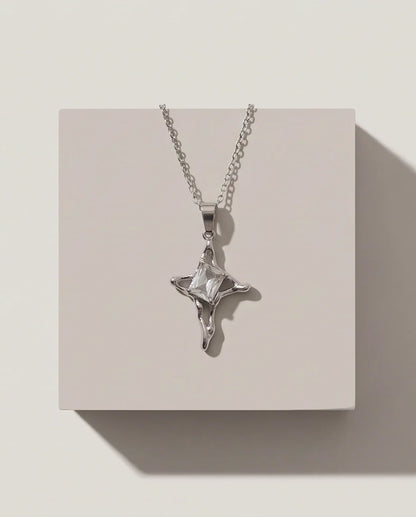 Silver Clear Gemstone Gothic Cross Pendant Necklace
