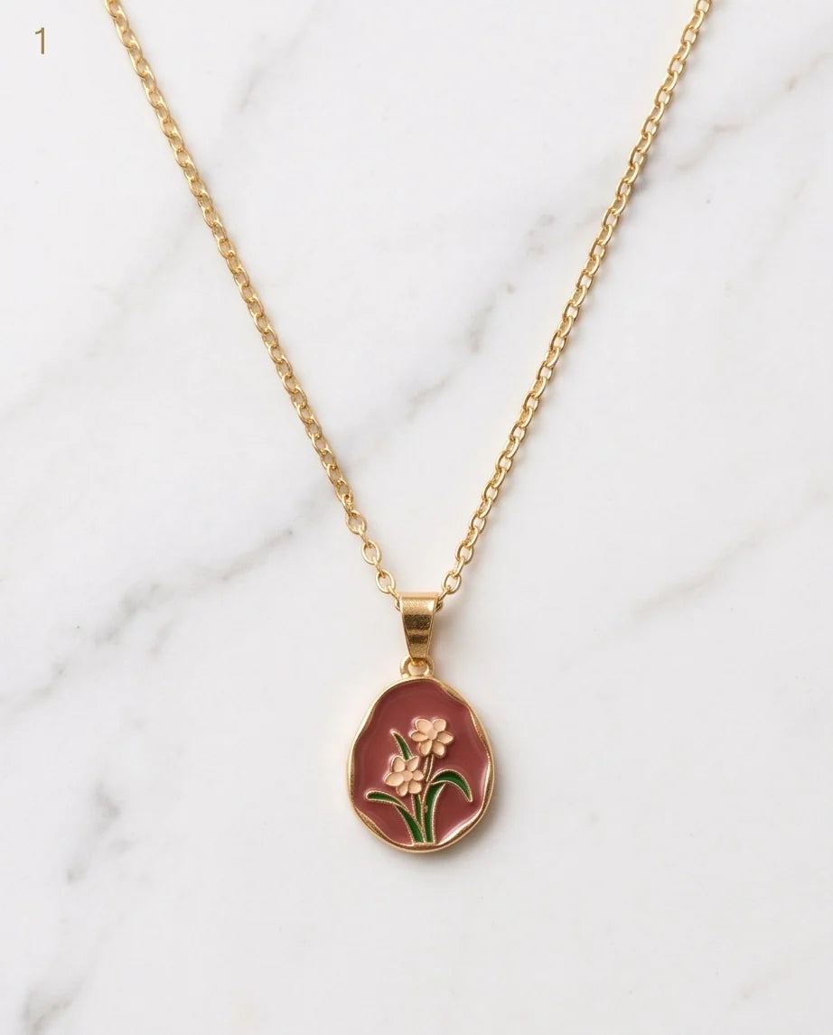 Gold Pink Floral Enamel Medallion Chain Necklace