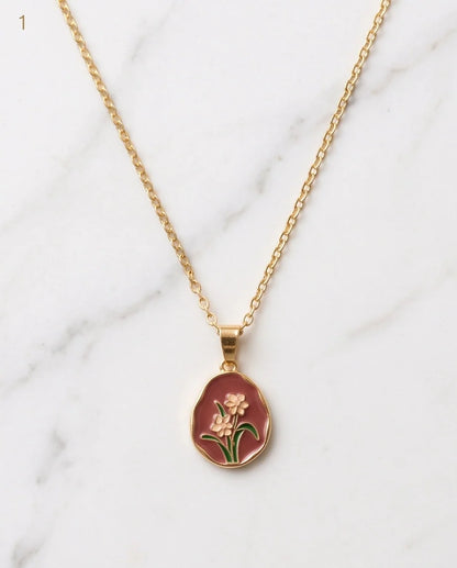 Gold Pink Floral Enamel Medallion Chain Necklace