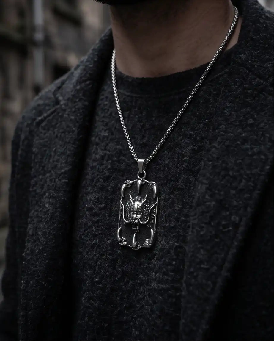 Gothic Dragon Claw Tag Silver Box Chain Necklace