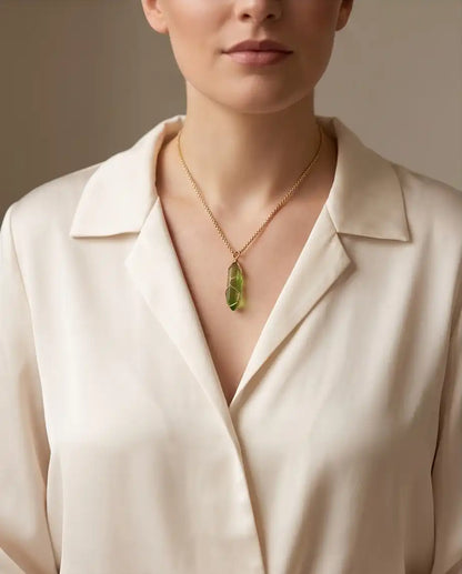 Wire-Wrapped Olive Green Crystal Point Pendant Box Chain