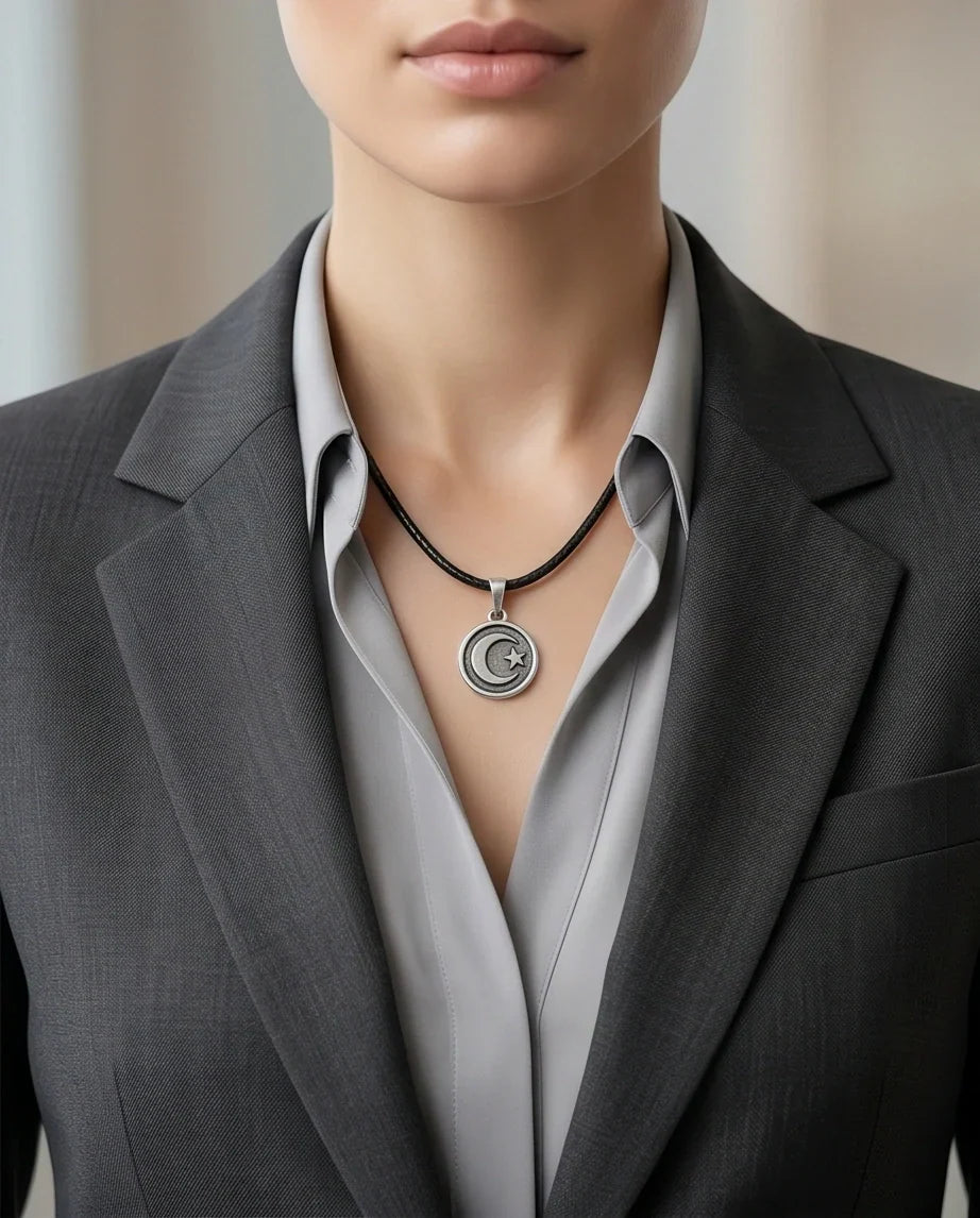 Silver Crescent Moon and Star Necklace