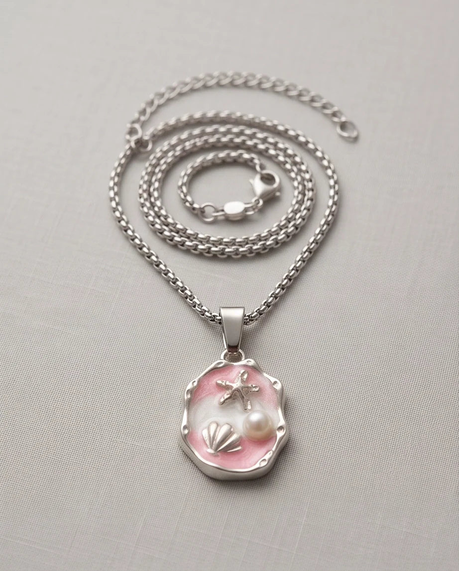 Silver Pink Seashell Starfish Pearl Enamel Medallion Chain Necklace
