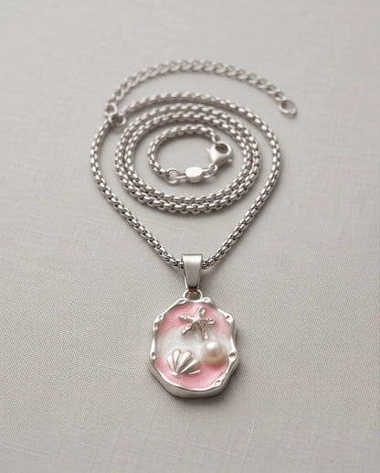 Silver Pink Seashell Starfish Pearl Enamel Medallion Chain Necklace