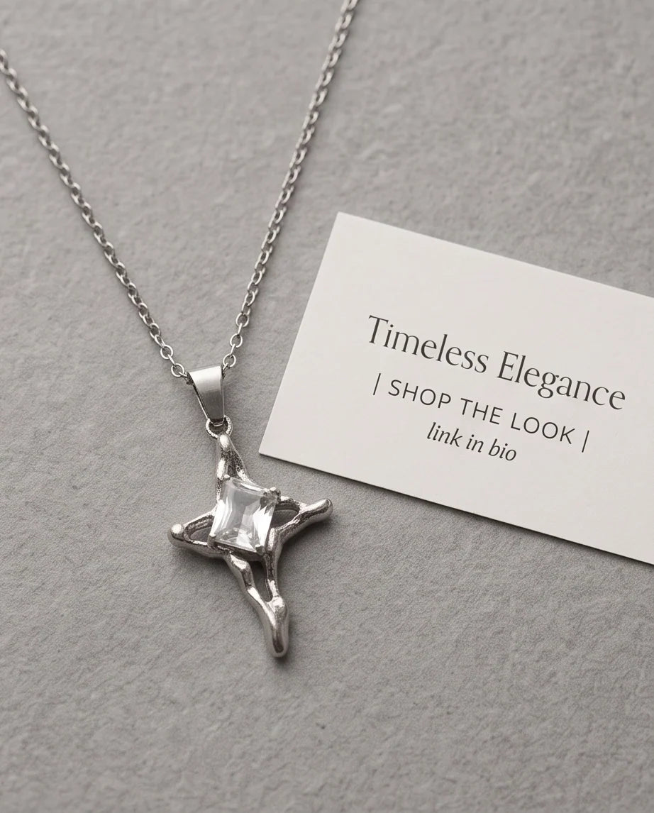 Silver Clear Gemstone Gothic Cross Pendant Necklace