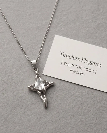 Silver Clear Gemstone Gothic Cross Pendant Necklace