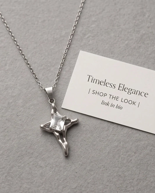 Silver Clear Gemstone Gothic Cross Pendant Necklace