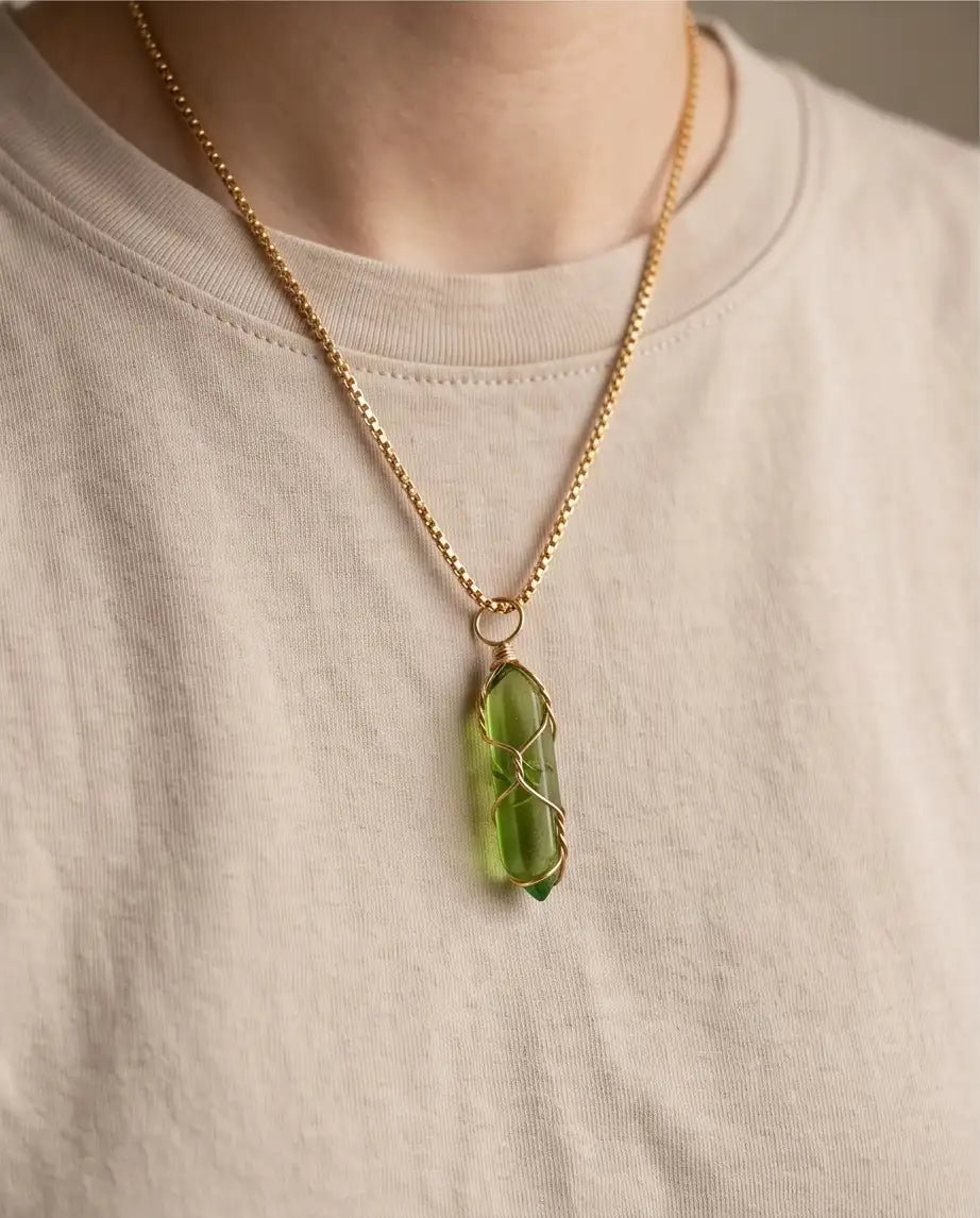 Wire-Wrapped Olive Green Crystal Point Pendant Box Chain