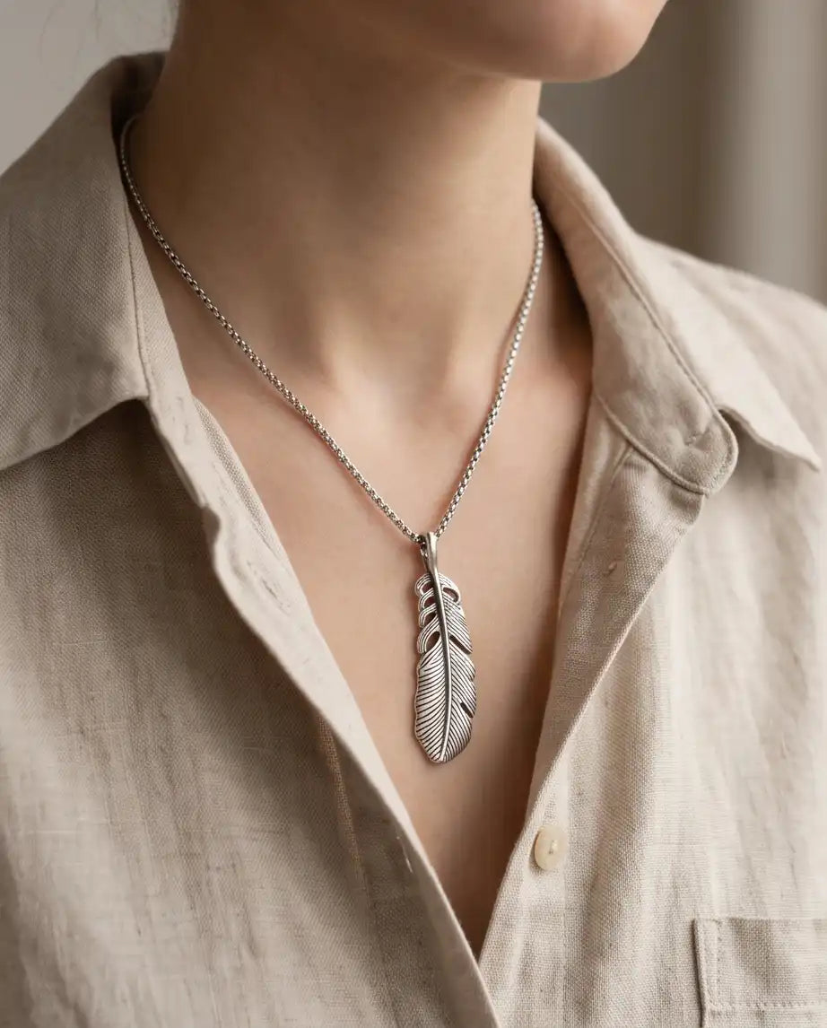 Antiqued Feather Blade Pendant Box Chain
