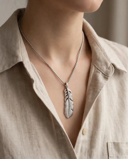 Antiqued Feather Blade Pendant Box Chain