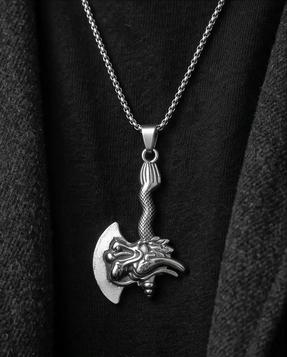 Mythological Dragon Battle Axe Pendant Box Chain