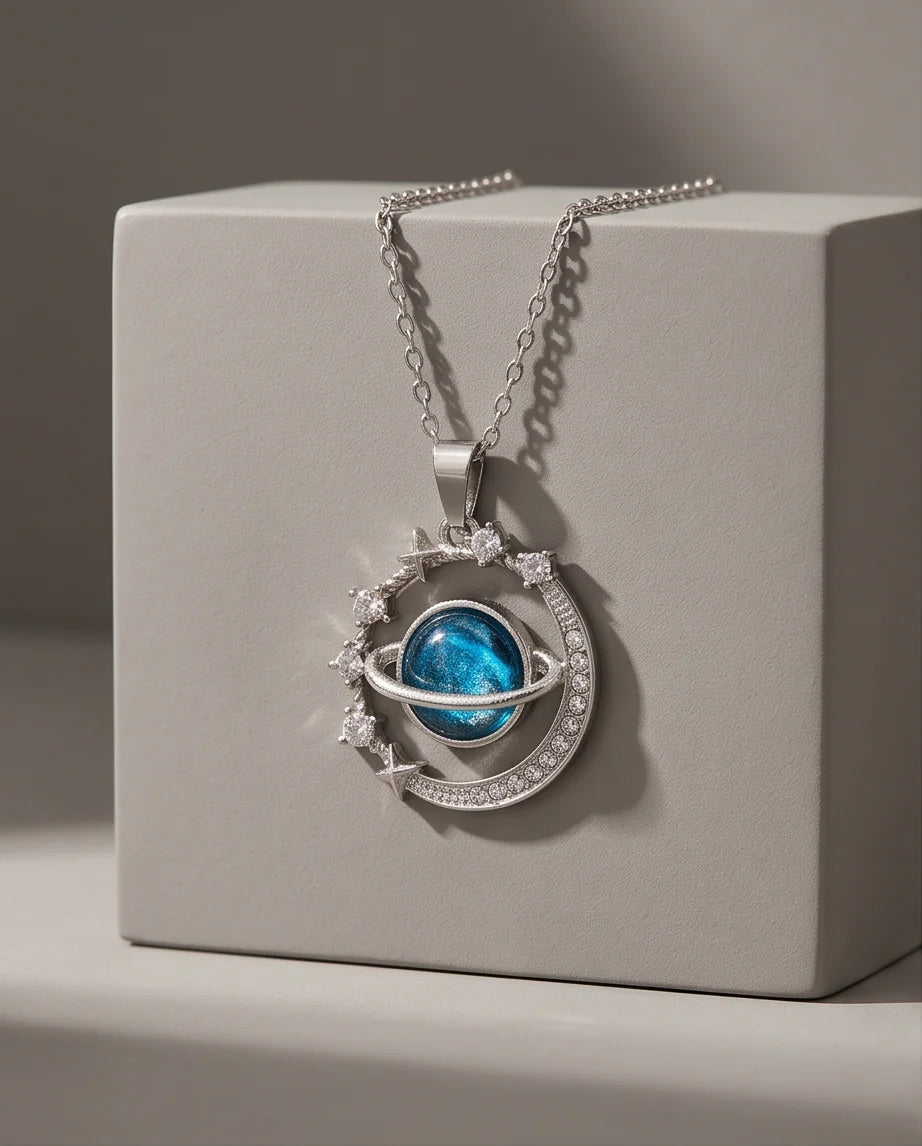 Silver Cosmic Galaxy Planet Crescent Pendant Necklace